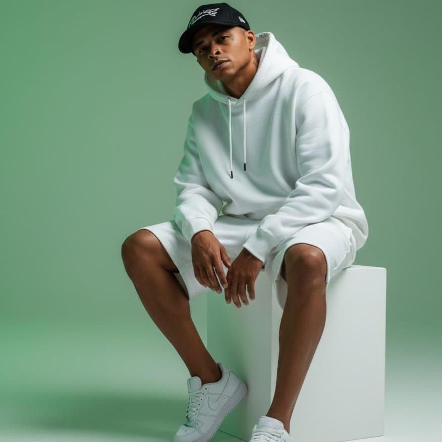 Bronks, criador parceiro da Kluuby. Foto editorial: hoodie branco, boné preto, fundo verde menta.